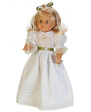 Muñeca María comunión vestido blanco y verde.50 cms