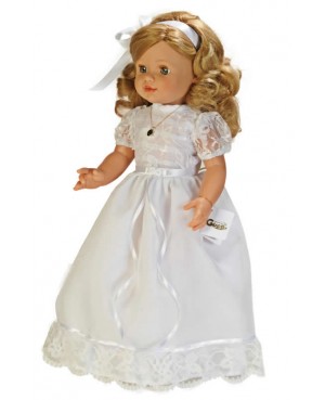 Muñeca María comunión vestido blanco con puntilla. 50 cms
