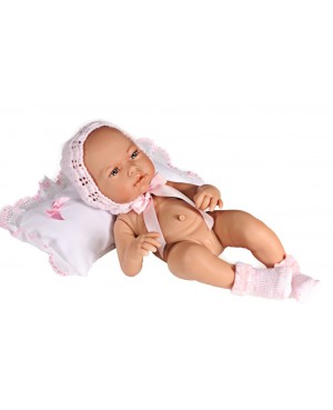 Muñeca recién nacida, gorro, camiseta,braguitas y peucos de lana