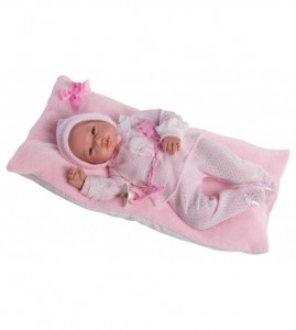 Muñeca Baby Reborn Andrea, polaina, jersey y capota de perlé rosa. No tiene pelo. Mide 46 cms. Peso 1,800kg. Con tacto suave